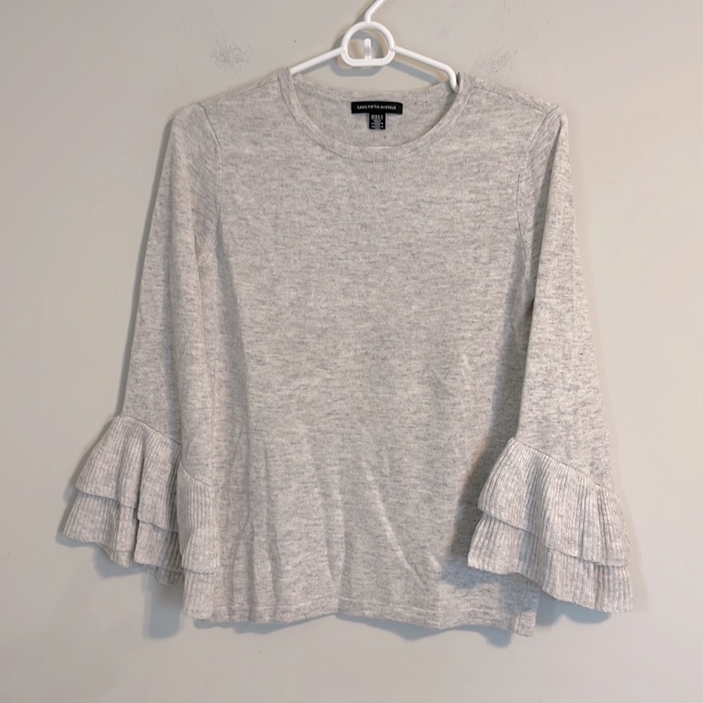 Saks fifth Avenue grey lightweight wool blend three-quarter sleeve sweater